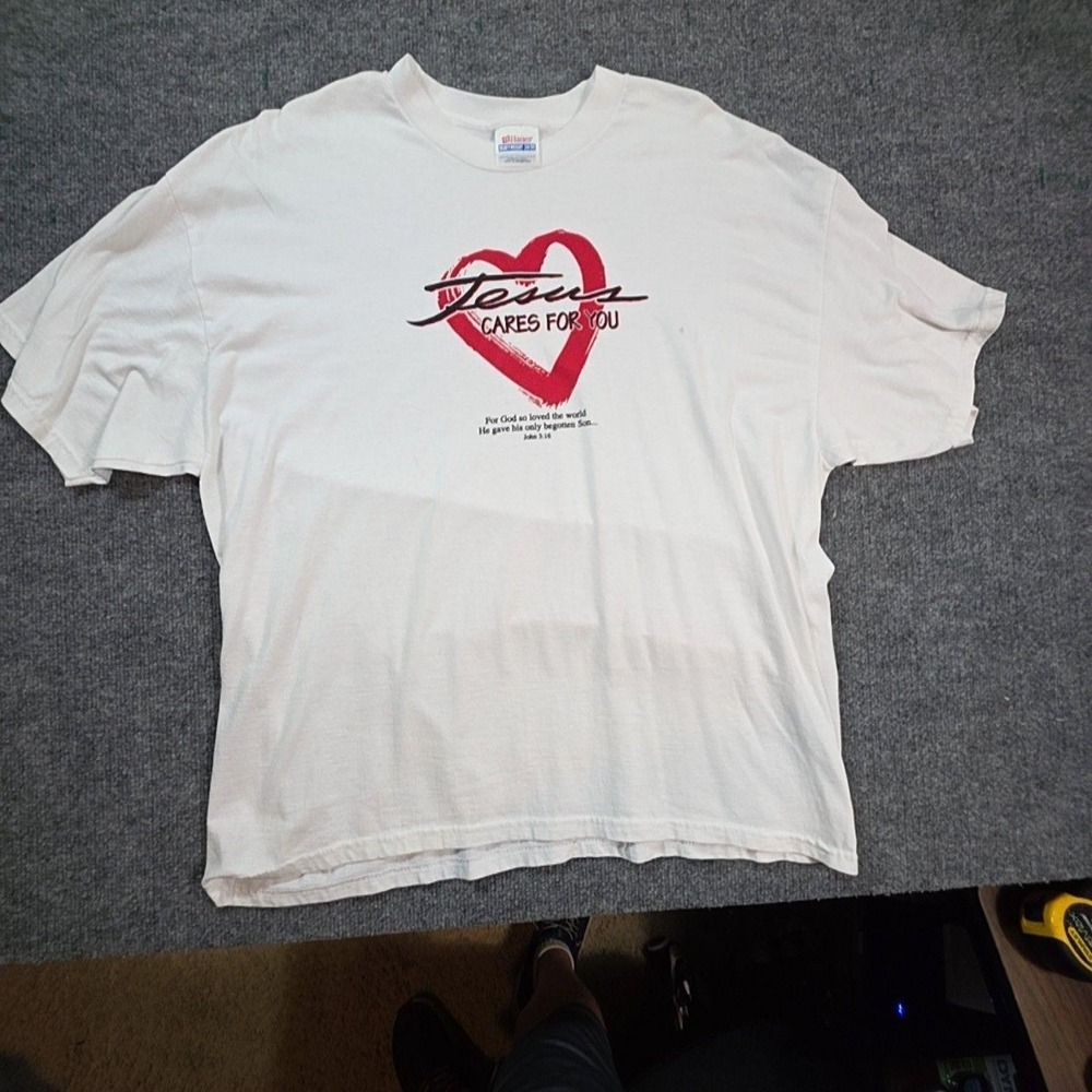 Hanes Shirt Mens XL White Jesus Cares For You Heart Graphic Tee Christian